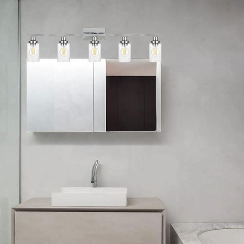 Industrial Chrome Five Light Vanity Light Fixture With Clear Glass Shades Modern Wall Sconces for Bathroom above mirror
