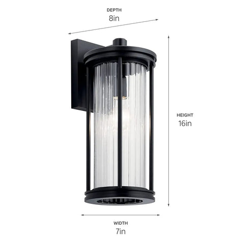 Lit 16 Inch Outdoor Wall Light 1 Light Sconce With Clear Ribbed Glass In Black Finish, Classic Outdoor Lighting