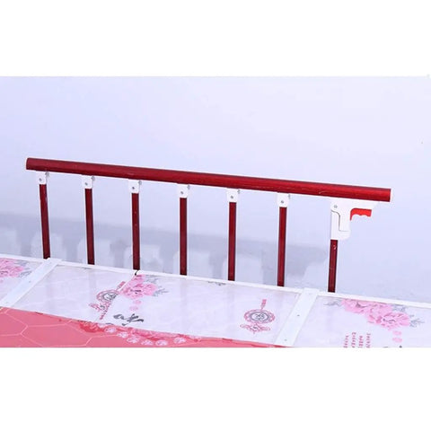 Adjustable Folding Bed Side Guard Rail Grab Bar With Red Wood Grain Assist Handle on a bed showing easy lift mechanism.