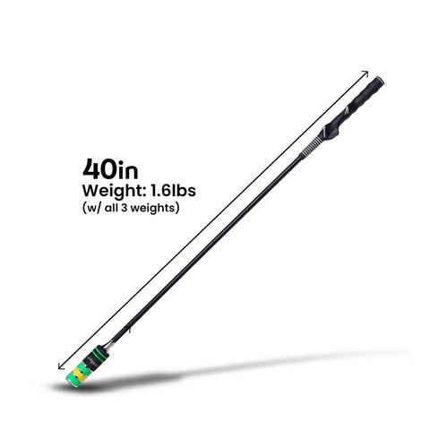 Indoor Golf Swing Trainer With Adjustable Weights For Right Handed Players shown with 40-inch length and 1.6lbs weight
