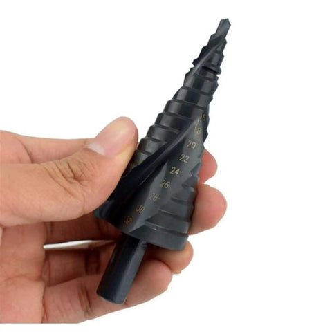 Heavy Duty 3 Piece Coated Cone Spiral Step Drill Bit Set With Triangle Shank For Metal Drilling And Hole Sawing Kits Ranging From 4 To 32 Mm Perfect Pro Grade Power Tools, black coated step drill bit with size markings