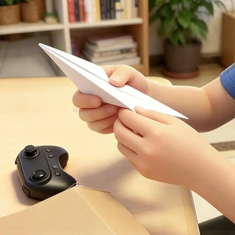 Hands holding a paper plane near a remote control, Electric RC Paper Airplane Kit With Gyro Stabilizer And Dual Propellers For DIY Flight