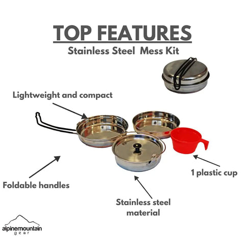 Stainless Steel Camping Mess Kit With Carrying Bag Featuring Grub Ready 6.5 Inch Fry Pan, 0.5 Qt Pot With Lid, 6.5 Inch Plate, Plastic Cup