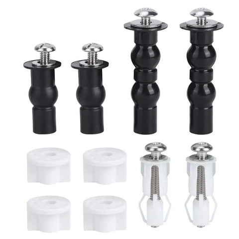 Universal Toilet Seat Bolt Replacement Kit In Stainless Steel Heavy Duty Gear with black and white fasteners for installation.