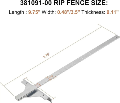 Premium Quality Straight Shooter Rip Fence Replacement 381091-00 No Sweat Table Saw Guide Rail dimensions, 9.75 inches long in aluminum.