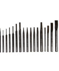 Heavy Duty 19 Piece Punch And Chisel Set With Black Oxide Finish Pro Grade For Metalworking And Automotive Projects displayed in a row