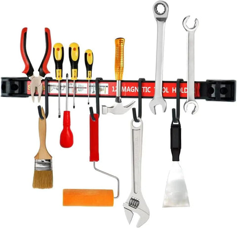 4 Pack Magnetic Tool Holder Bars 12 Inch Heavy Duty Wall Rack With Mounting Brackets And Screws displaying various tools