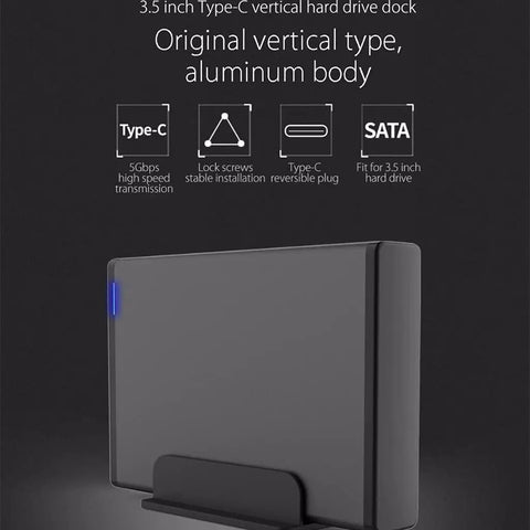 Solid Aluminum 3.5 Inch External Hard Drive Enclosure With Type C Usb 3.1 Connector For Sata Hdd And Ssd Supports Up To 8Tb Capacity, vertical dock view.