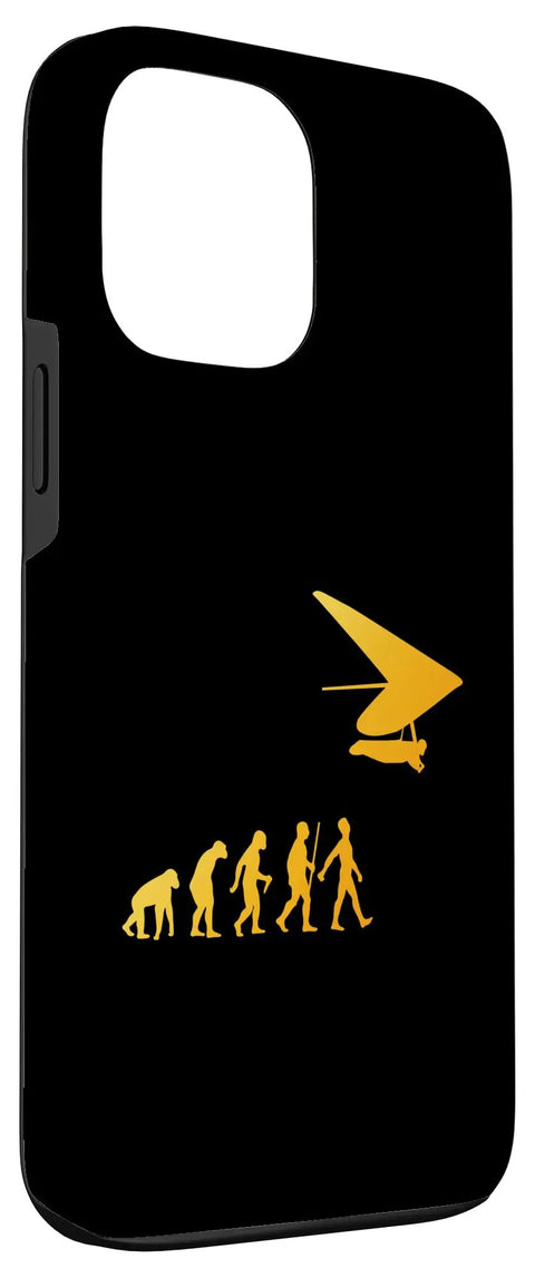 Hang Glider Art IPhone 13 Pro Max Case For Men And Women Funny Hang Gliding Design Phone Cover For Air Sports Lovers Outdoor Flyers Gift Idea Cool Glide Theme Gadget Accessory For Travelers, black case with yellow evolution of man to hang glider graphic.