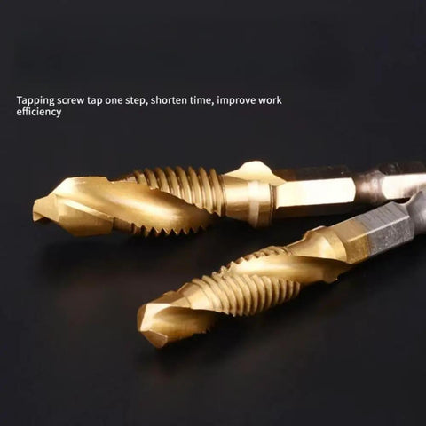 Pro Grade 6 Piece Drill and Tap Set With HSS Titanium Bits For 6-32, 8-32, close-up on drill bits showcasing thread design.