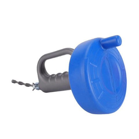 33 Foot Manual Drain Auger Snake Heavy Duty Spring Steel Pipe Cleaner with blue handle for clearing severe clogs.