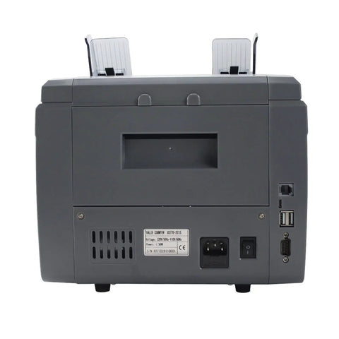 Back view of Straight Up Money Counter Machine With Mixed Value Bill Sorting And Sharp Counterfeit Scanner featuring ports and power supply.