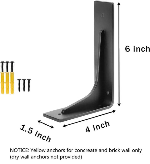 6x4 Inch Shelf Brackets Beefy Heavy Duty Alloy Metal With 300 Lb Max Load Pack Of 4 side view with hardware included