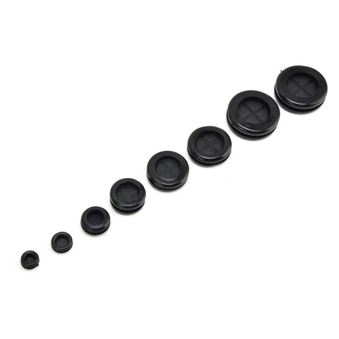 Various sizes of rubber grommets from the 170-Piece Rubber Grommets Kit With Divided Organizer For Auto, Plumbing and PC Builds.