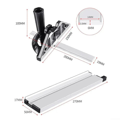 Rock Solid Aluminum Miter Gauge With Smooth Slide Track And Clearly Marked Degree Stops For Table Saws Band Saw And Router Tables showing dimensions and parts.