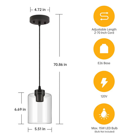 Industrial Pendant Light With Clear Glass Shade In Matte Black For Kitchen Island Living Room Hallway Bedroom Dining Bar Modern Farmhouse Ceiling Hanging Lamp Dope Style Lighting Fixture, displayed with measurements and features