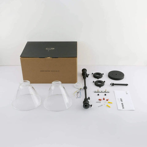 Industrial Black Wall Sconce Lighting Set Two Light Vanity Fixtures with parts and box for bathroom installation.