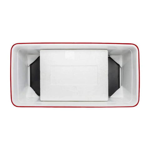 Top view of the interior of 80 Qt Rolling Cooler Ice Chest Cart with Bottle Opener and Bottom Shelf, showing spacious storage area.