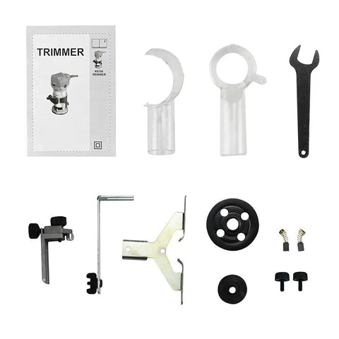 Compact Wood Router Kit With Trim Base And Plunge Tilt 710W Power accessories and manual