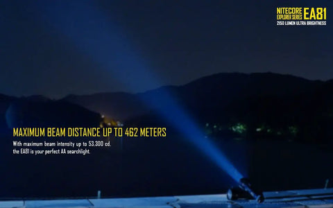 EA81 Cree XHP50 Powerhouse AA Searchlight Flashlight with 2150 Lumens and 462m Throw, beam lighting up nighttime landscape