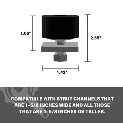 Dimensions of Heavy Duty Trolley Roller Stopper for 1-5/8 Inch Unistrut Channel with rubber wheel, quick install.