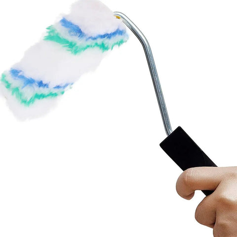 Hand holding a soft polyester paint roller brush from the Mega Pack Of Twenty Soft Polyester Wall Paint Roller Brushes. Ideal for ceilings.