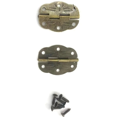Six Sets Of Mini Bronze Colored Cabinet And Drawer Door Hinges With Soft Close Dampers For Quiet No Slam And Smooth Move Ideal For Jewelry Boxes And Small Furnishings 30x22mm, shown with screws