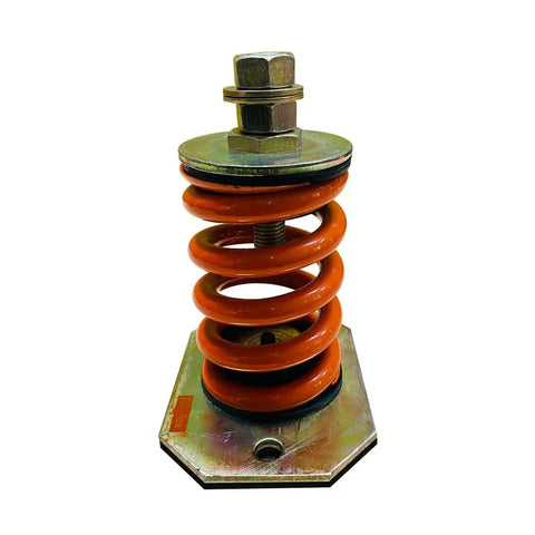 Bulletproof Open Spring Mount Vibration Isolators With 6mm Ribbed Rubber Pads, 1100 Lb Load Capacity, 1 Inch Deflection, fully adjustable dampener with orange spring.