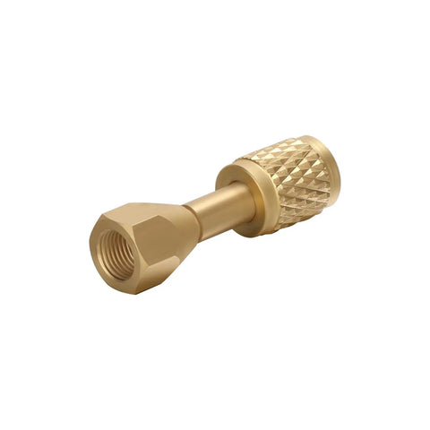 Low-Loss Quick Coupler for HVAC Refrigerant Systems, One Eighth Inch NPT Female to One Quarter Inch SAE Flare Fitting, brass