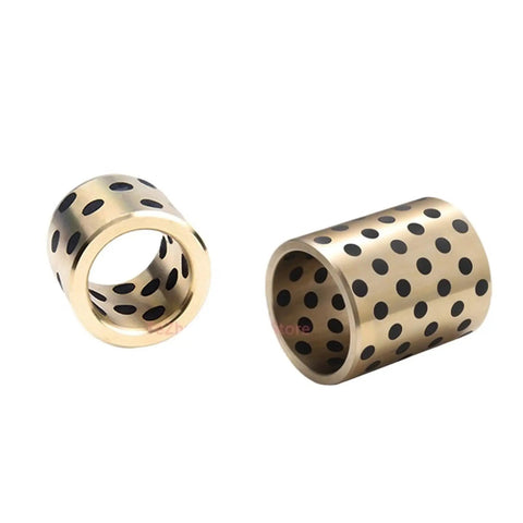 Greaseless Slick Graphite Brass Bearing Sleeve Bushing For Tough Garage Builds With Smooth Dry Operation For Heavy Duty 6 8 10 12 And 14 Millimeter Shafts, showing two sizes with black dots.