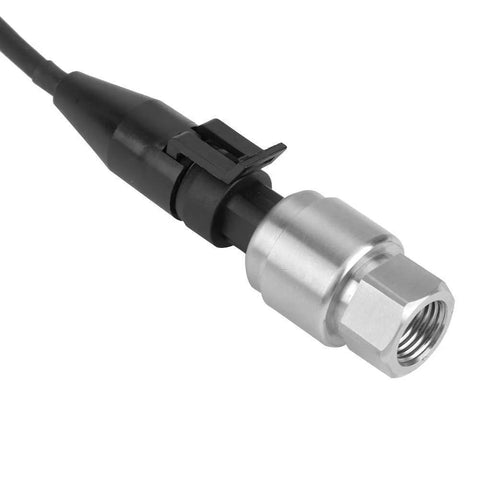 Stainless steel pressure transducer with 1/8 NPT threaded end and black inline connector.