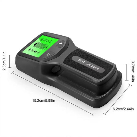 5 in 1 Stud Finder Wall Detector with Backlight showing dimensions, sleek design, and bright display for easy use.