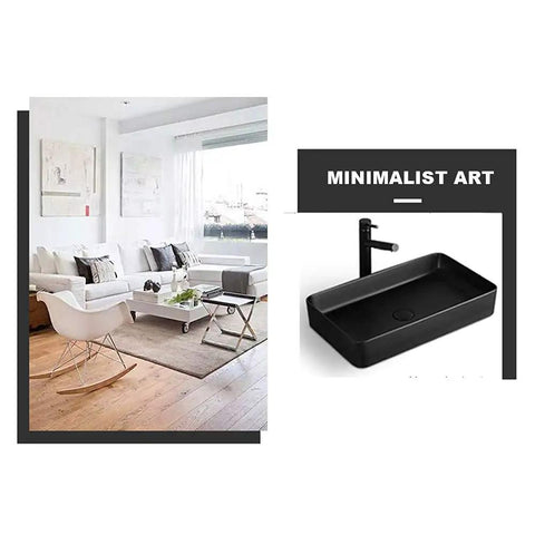 Top Shelf Rectangular Vessel Sink For Above Counter Bathroom Vanity Heavy Duty Ceramic Basin Sleek Matte Black Finish displayed in modern living room setting.