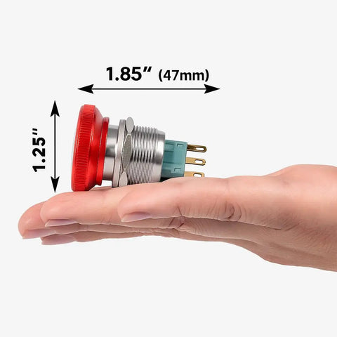 Hand holding Heavy Duty Emergency Stop Push Button Switch 22mm Latching E Stop 1NO 1NC Stainless Steel Mushroom Head