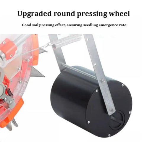 Close-up of upgraded round pressing wheel on Walk-Behind Garden Seeder With Adjustable Spacing For Corn And Soybeans Easy Push Planter