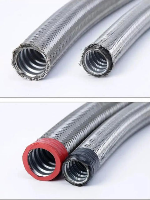 Heavy Duty Stainless Steel Flexible Conduit For Electrical Wiring with red and black ends showing braided armor and inner diameter.