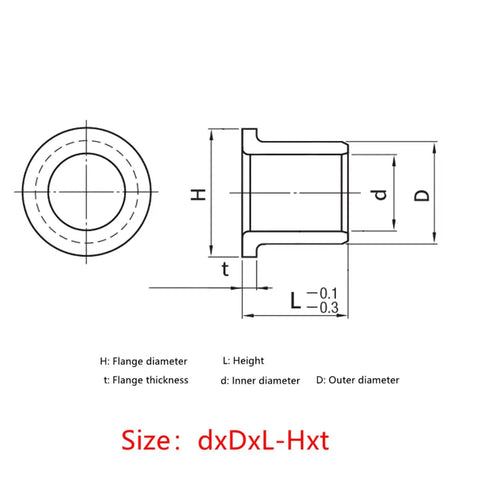 Top Shelf One Piece Flanged Oil Free Graphite Brass Bearing Sleeve technical drawing with dimensions for smooth heavy duty machinery repair work.