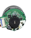 Close-up of brushless servo motor with PWM speed control for DC 9V to 24V, showing 100 line encoder and built-in drive, wide voltage
