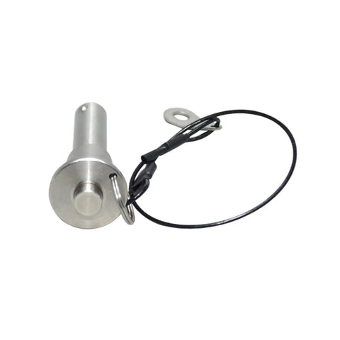 Heavy Duty Quick Release Pin 12mm Stainless Steel Safety Pin with Button Lock Tool Free For Line Array Speakers Sound Systems And Stage Gear on a white background.