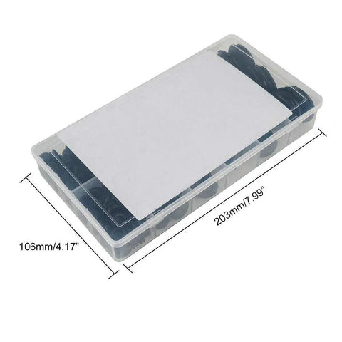 Grommet Firewall Hole Plug Set 170 Pack With 7 Common Sizes Rubber Wire Gasket in transparent plastic case with dimensions shown