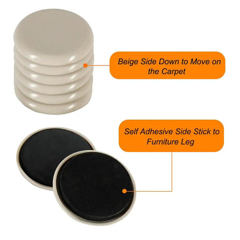 12 Pack Self Adhesive 2 Inch Furniture Sliders For Carpet And Hardwood Floors Heavy Duty Moving Pads in beige with instructions