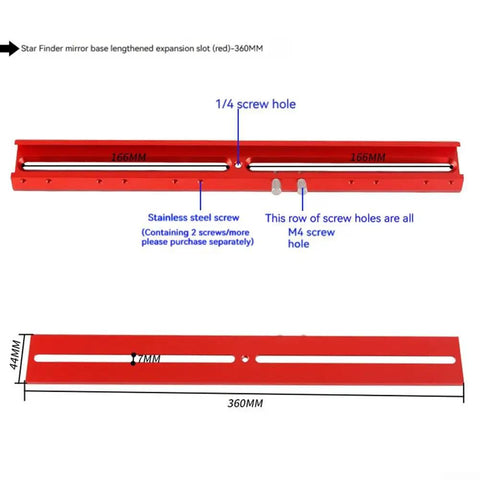 Rock Solid Aluminum Rail Bar Telescope Mounting Plate with Dovetail Finderscope Base showing 360mm expansion slot and details