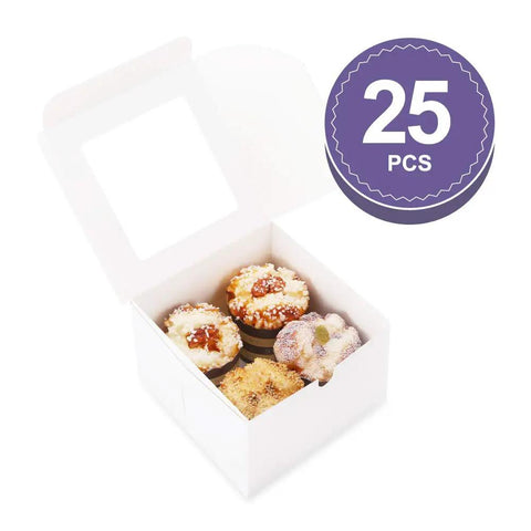 Twenty Five White Bakery Boxes With Clear Window 5x5x3.5 Inch displaying cupcakes, ideal for baking and party favors.