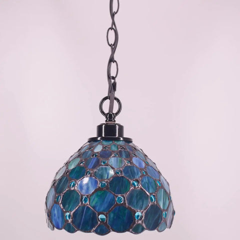 Sea Blue Pearl Tiffany Style Pendant Light Plug In Stained Glass Swag Lamp 8x8x181 Inch Hanging Lamp With 180 Inch Cord UL Listed