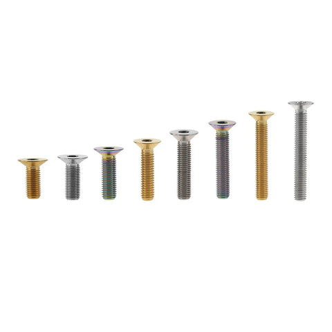 Top Shelf 5 Piece Set Of Grade 5 Titanium M6 Flat Countersunk Hex Socket Cap Bolts In Sleek Gold Finish, varying lengths and colors.