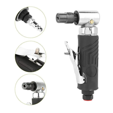 Pro Tier Slick Angle Pneumatic Die Grinder For Nitty Gritty Detail Work And Heavy Metal Chops At High Speed Rpm With Quarter Inch Air Inlet And Compact Angled Head Design close-up image showing durable handle and pneumatic connection.