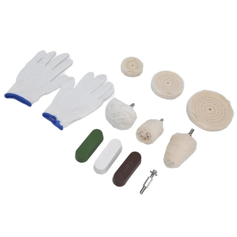 11 Piece Polishing Buffing Wheel Kit With Cotton Flannel Pads And Wax Rod Mount For Cordless Drills, includes gloves and various pads.