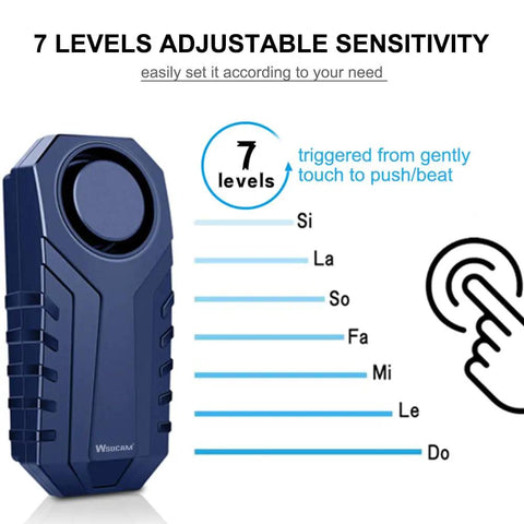 Blue Beefed Up Wireless Bike Alarm With 113dB Siren Anti Theft Motion And Vibration Sensor showing sensitivity levels