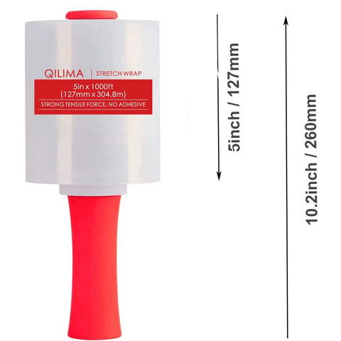 Pro Level Clear Industrial Stretch Wrap, Tough As Nails 80 Gauge Self Adhering Pallet Film For A Tight Lockdown Fit During Moving Or Long Term Storage, 5 Inch Rolls 1000 Feet, Four Pack With Snug Carry Handle on a white background showing the red handle.