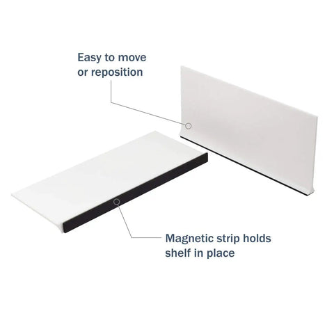 Kick Serious Pantry Clutter To The Curb With This Super Slick Magnetic Shelf Divider Built To Slash Kitchen Mess And Elevate Everyday Cabinet Storage Organization On Any Standard Shelf Row, showing white magnetic divider with black magnet.